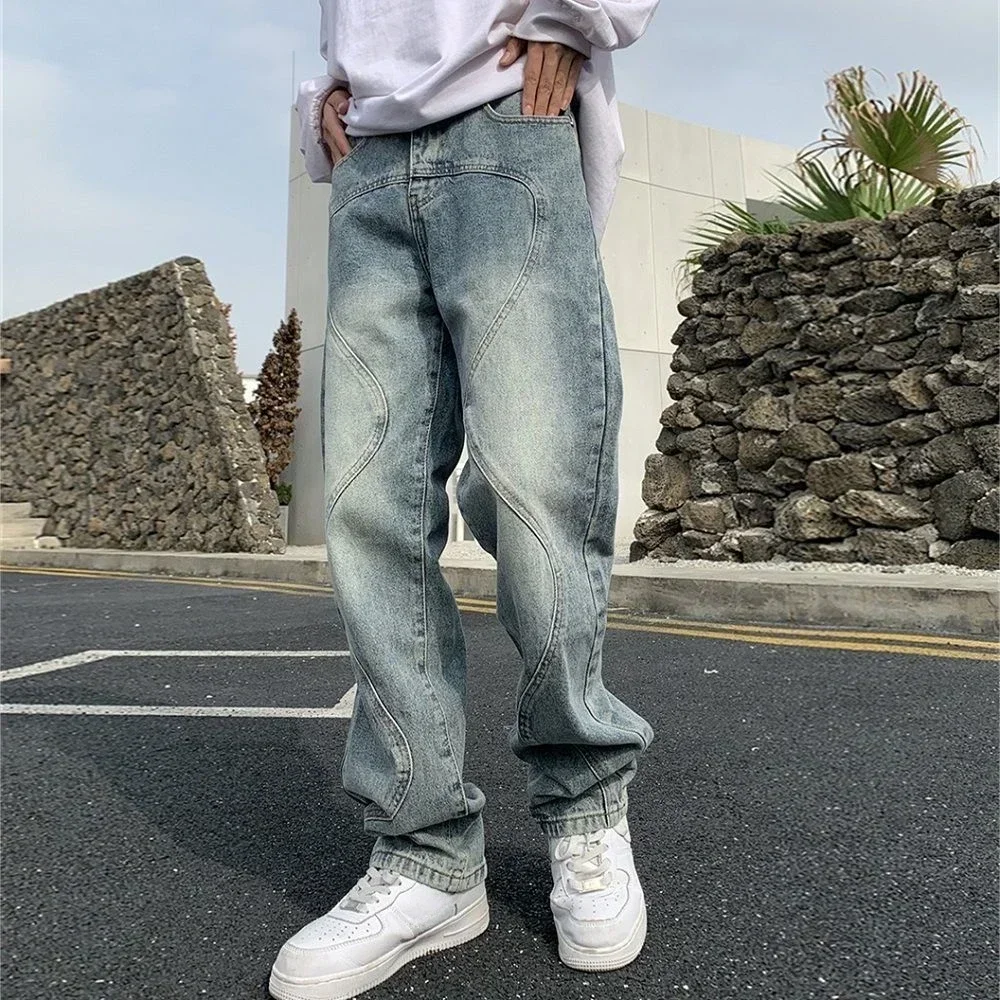 

Male Cowboy Pants Loose Aesthetic Trousers Straight Spliced Jeans for Men Baggy Regular Spring Autumn Clothes Y2k 2000s Soft Xs