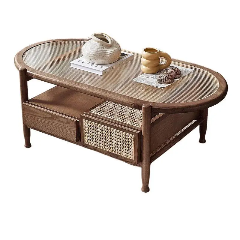 Solid wood Changhong glass double layer with drawers round home living room rattan tea table