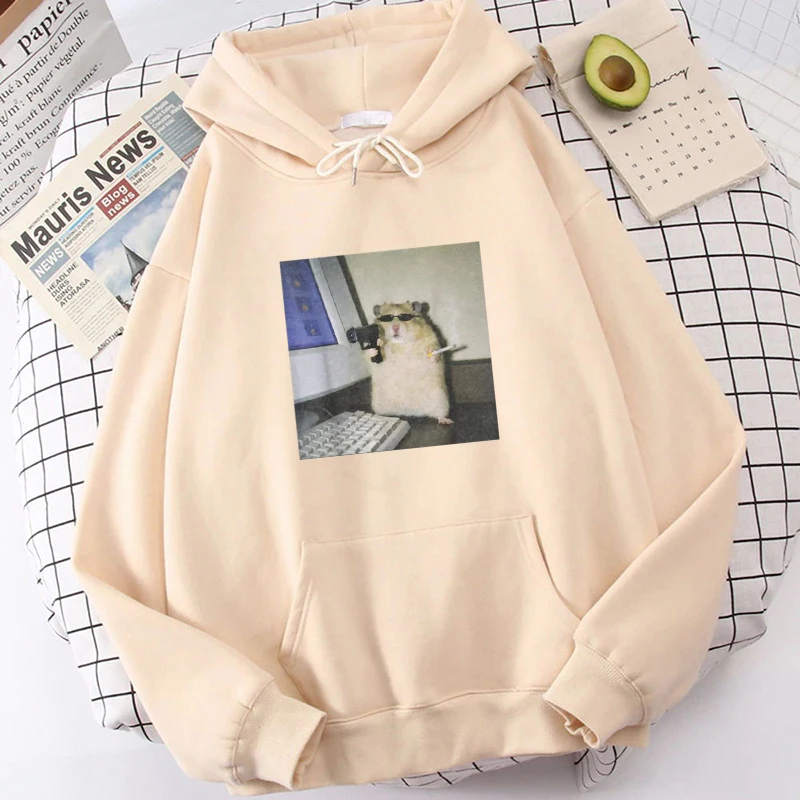 Cyber Hamster Meme Cringe Funny Animal Vintage Graphic Print Hoodie for Men Women Long Sleeved Loose Casual Neutral Sweater Tops