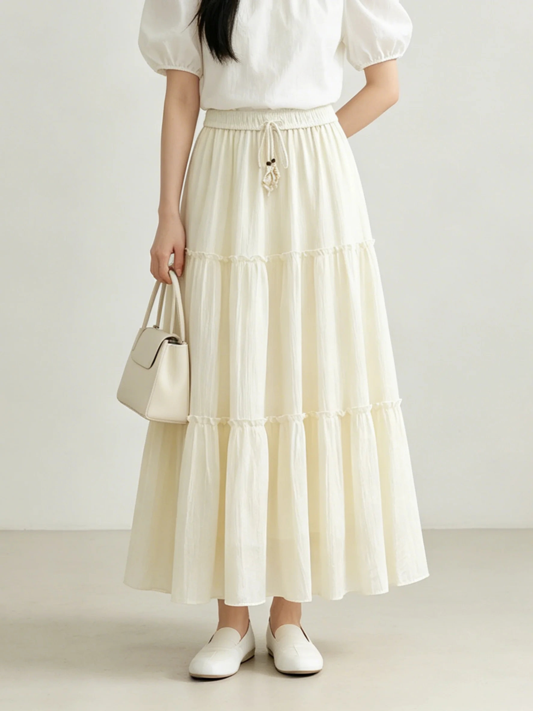 Korean Style Loose A-Line Skirt with Wooden  Bows Slimming Drapey Summer Long Skirt Casual mid Waist Standard Fit