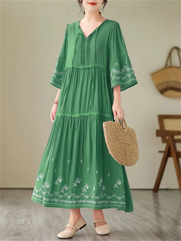 Cotton Embroidery Vintage Dresses For Women 2025 New Summer Casual Loose Long Dress Femme Robe Office Lady Work Elegant Clothing