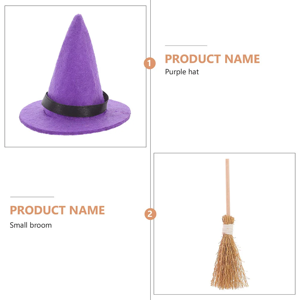 2 Sets Halloween Witch Hat Bottle Cover Broomstick Prop Small Wizard Witches Decors Tiny Accessories