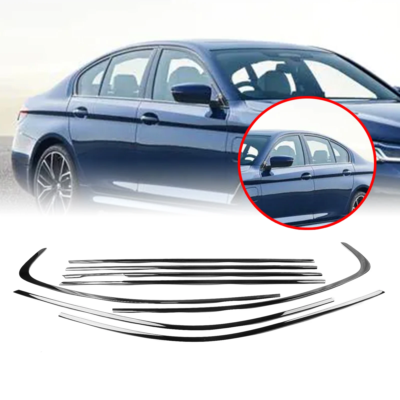 BMW 5 시리즈 G30 2018-23 짧은 축 길이 글로스 블랙 외부 창 장식 스트립 트림 씰 웨더스트립 보호 커버 스타일링