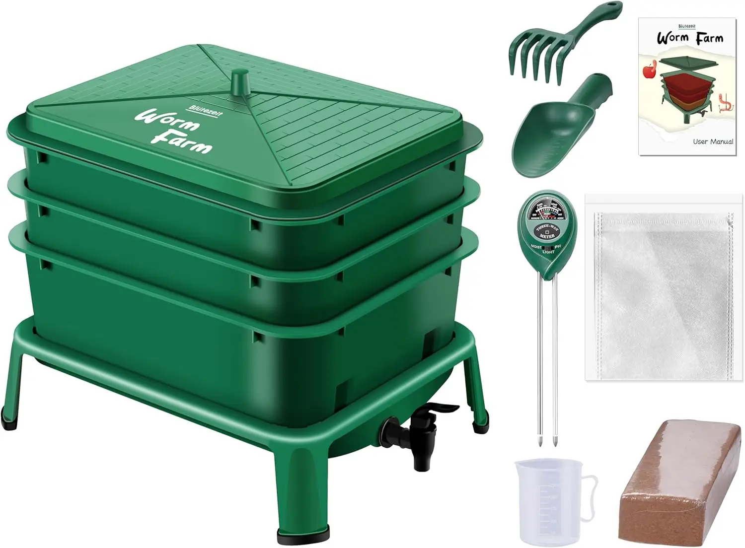 

3-Tray Worm Composter, 32QT Worm Farm Starter Kit for Indoor & Outdoor Composting, Green