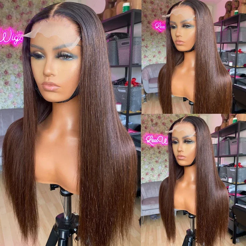 Glueless Soft 28'' Ombre Brown Straight 5x5 Silk Base Jewish Human Hair Wig With Baby Hair HD Lace European Hair Preplucked