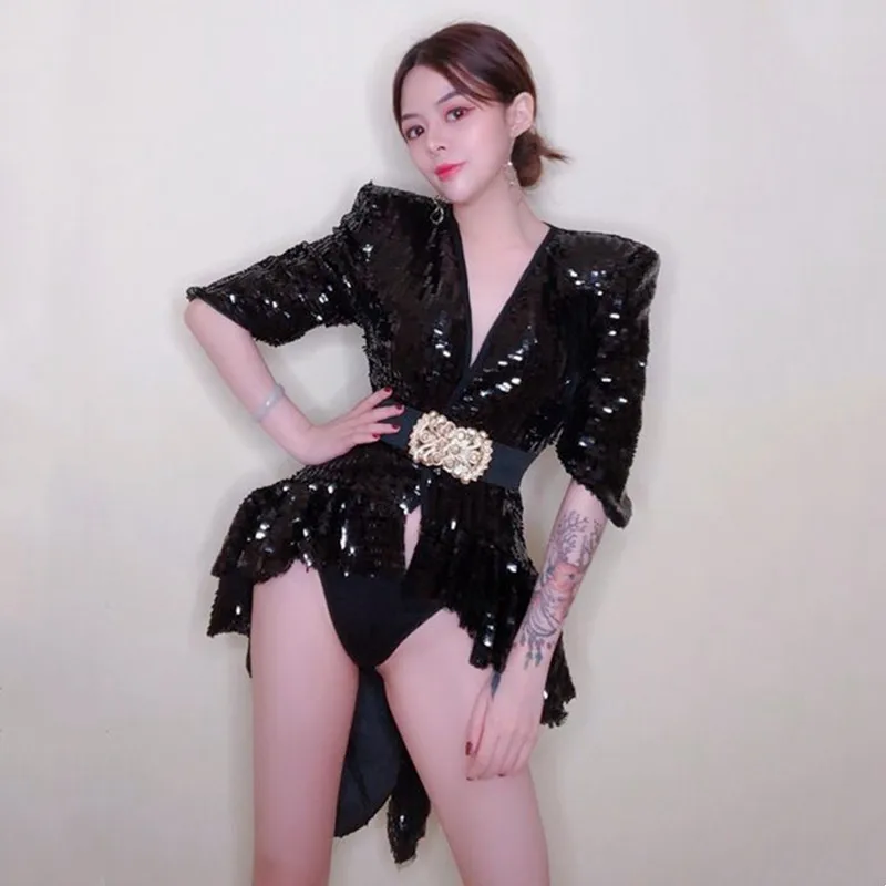 

Gold Silver Black Sequins Tailcoat Belt Performance Costume Women Jazz Dance Team Sexy Stage Wear Club Nightclub Party Show Coat