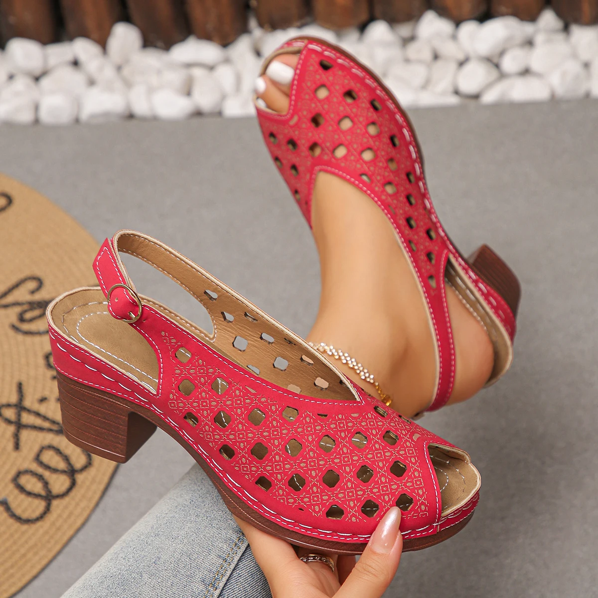 Women Sandals Fashion Hollow Shoes Women Retro Comfortable Summer Shoes for Women Thick Heeled Fish Mouth Middle Heeled Sandals