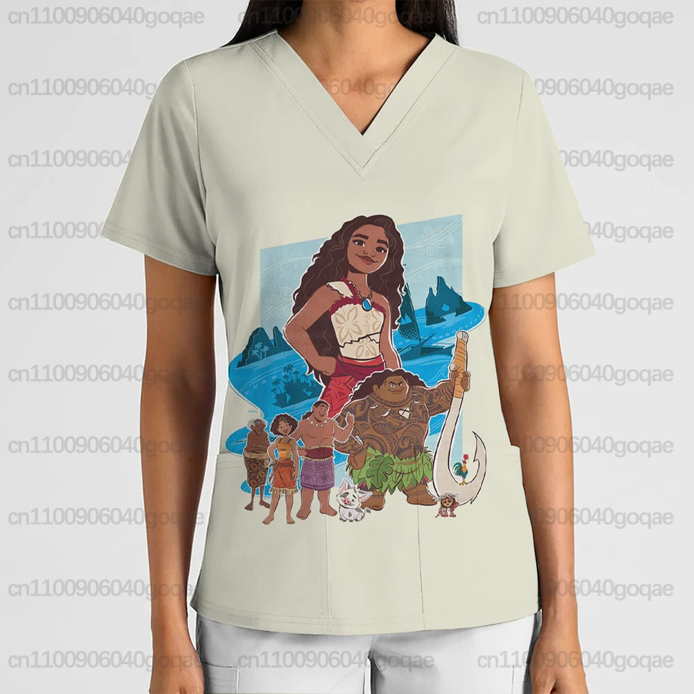 Disney Moana Ocean Girl Print Dames Verpleegstersuniform V-hals Korte Mouw Frosted Top Schoonheidssalon Dierenwinkel Tandarts T-shirt
