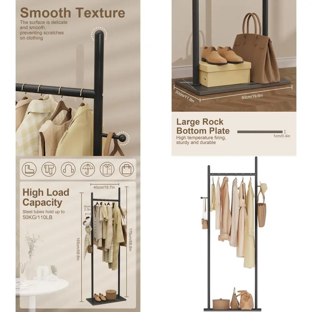 

Freestanding Metal Coat Rack with 2 Hooks and Heavy Rock Base, Industrial Style, 19.7 x 11.8 x 68.9, Black