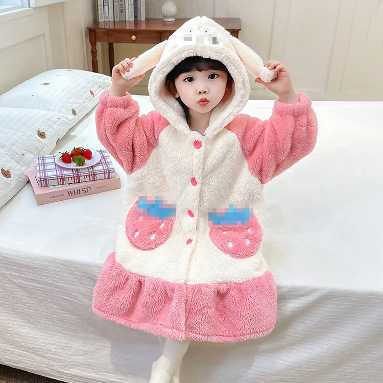 Autumn Winter 1-8Y Girls Flannel Pajamas Cartoon Hat Ear Spliced Kids Girls Robe Strawberry Pocket Warm Toddler Girls Loungewear