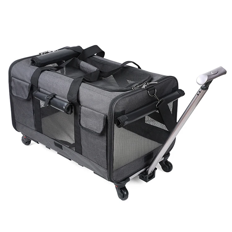 

Large Capacity Ventilation Foldable Pet Dog Cat Rolling Travel Carrier Shoulder Bag With Detachable Wheels