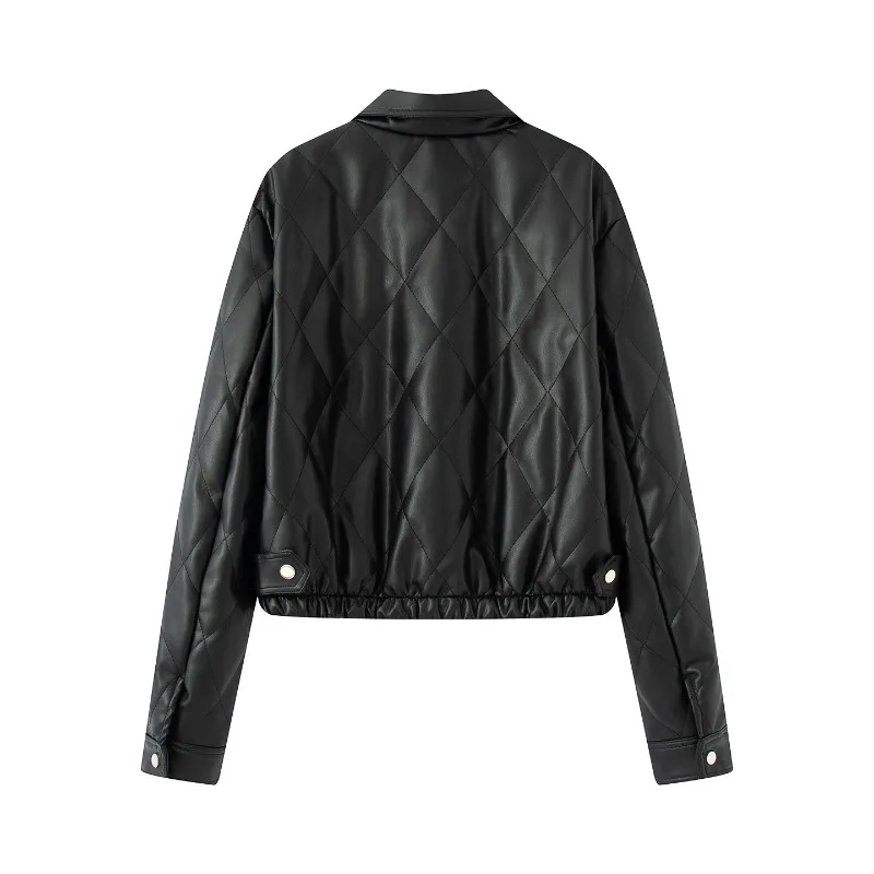 Lozenge Women's Leather Jacket Autumn Winter Padded Coats Fashion Leather Bomber Jacket Outerwears Demi-season Jacket for Women