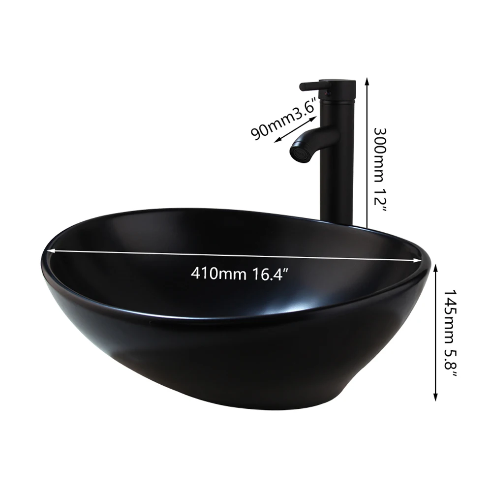 JIENI Matte Black Bathroom Bowl Sink Ceramic Oval Washbasin Handpainting Lavatory Bath Basin Combine W/ Brass Faucet Mixer Tap