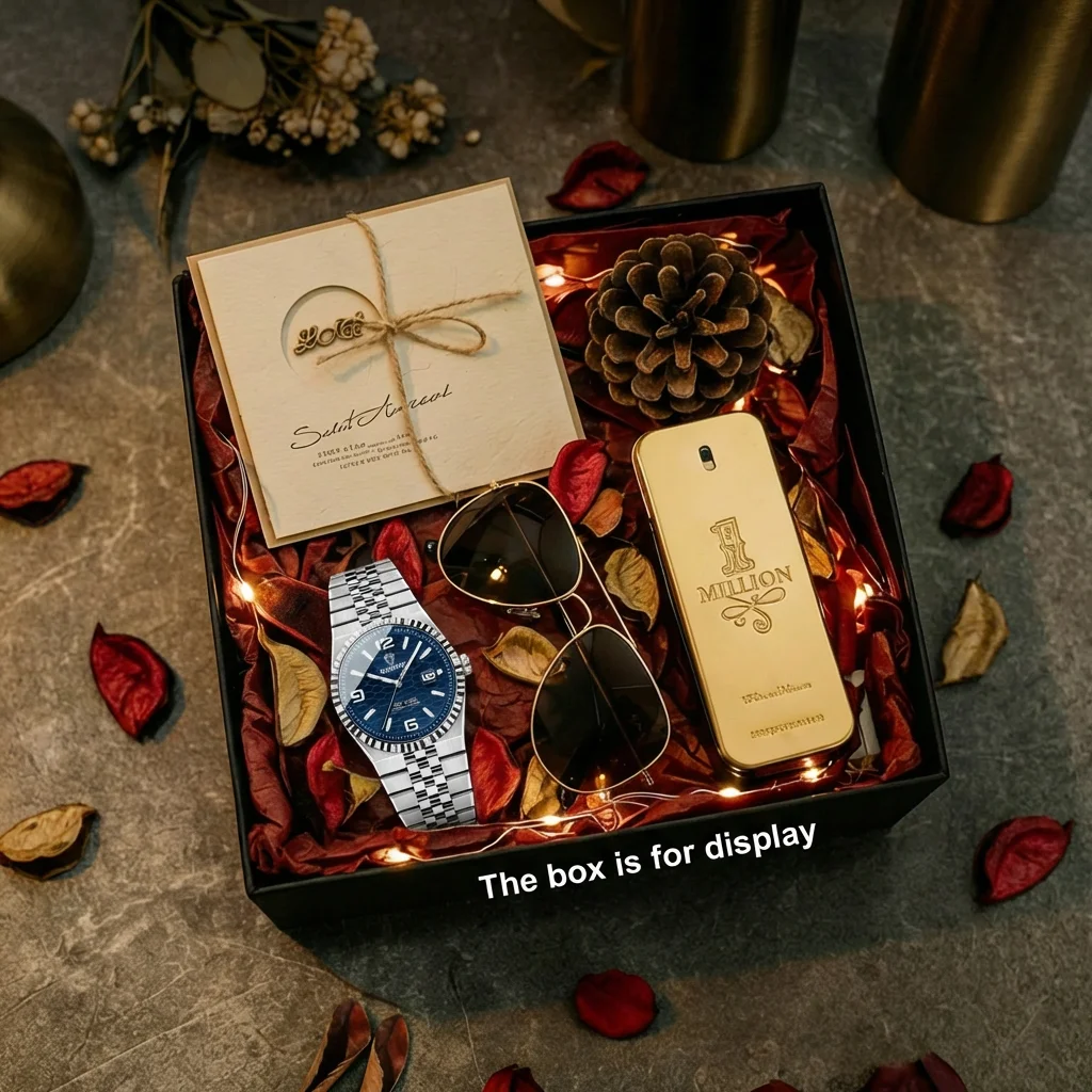 4pcs Men's Blue Honeycomb Stainless Steel Classic Luminous Date Striped Bezel Quartz Watch Gift Box Set Business Daily Christmas
