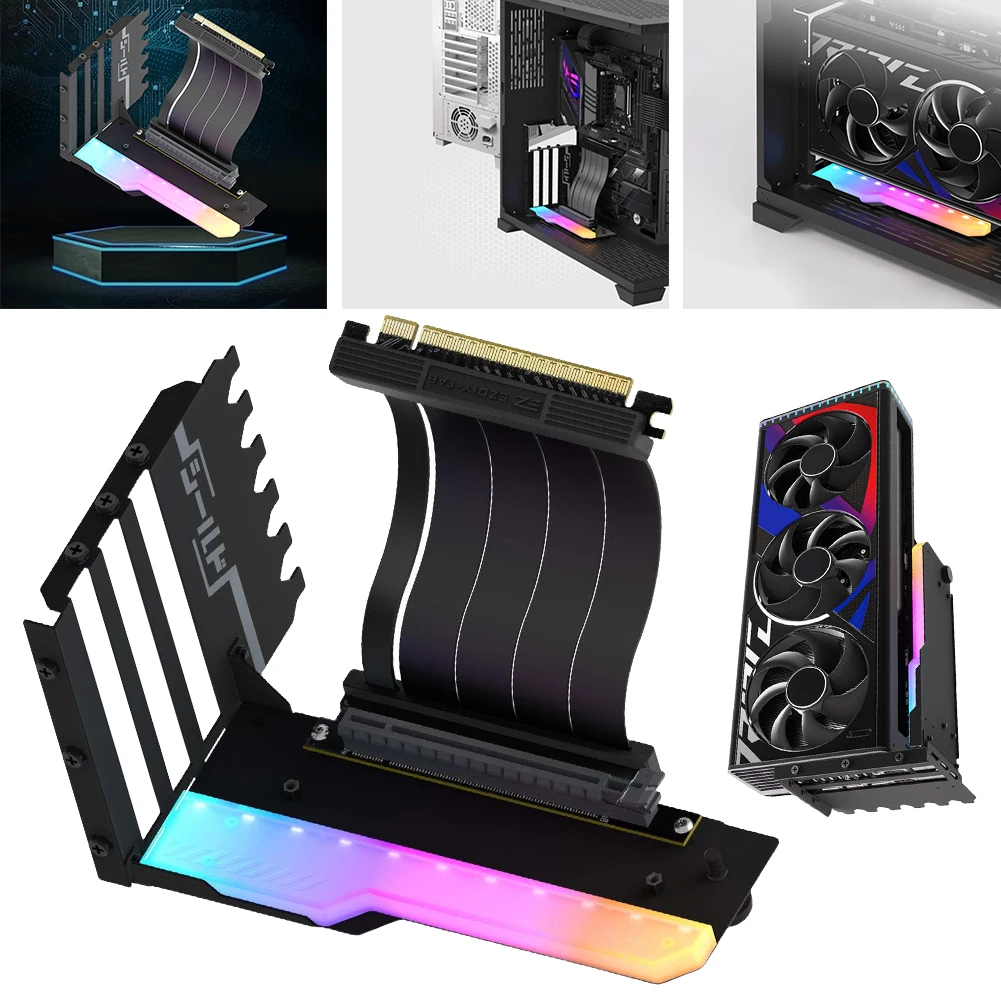 Vertical GPU Mounting Bracket with PCI-E 4.0 X16 Riser Cable Video Card Support Kit 90 Degree Right Angle Graphic Card Bracket