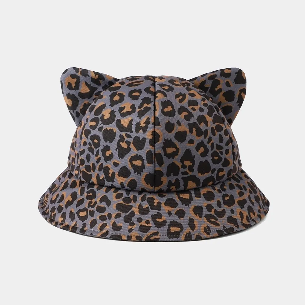 New Cat's Ears Bucket Hat Cow/ Leopard Print Sunscreen Panama Fishing Cap Wide Brim Anti-UV Fisherman Hats Unisex
