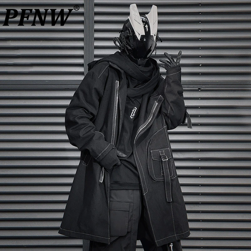 PFNW Light Line Deisgn Irregular Black Windbreaker Oversized Overcoat Men's Zipper Decoration Mid Length Trench Autumn 12C1115