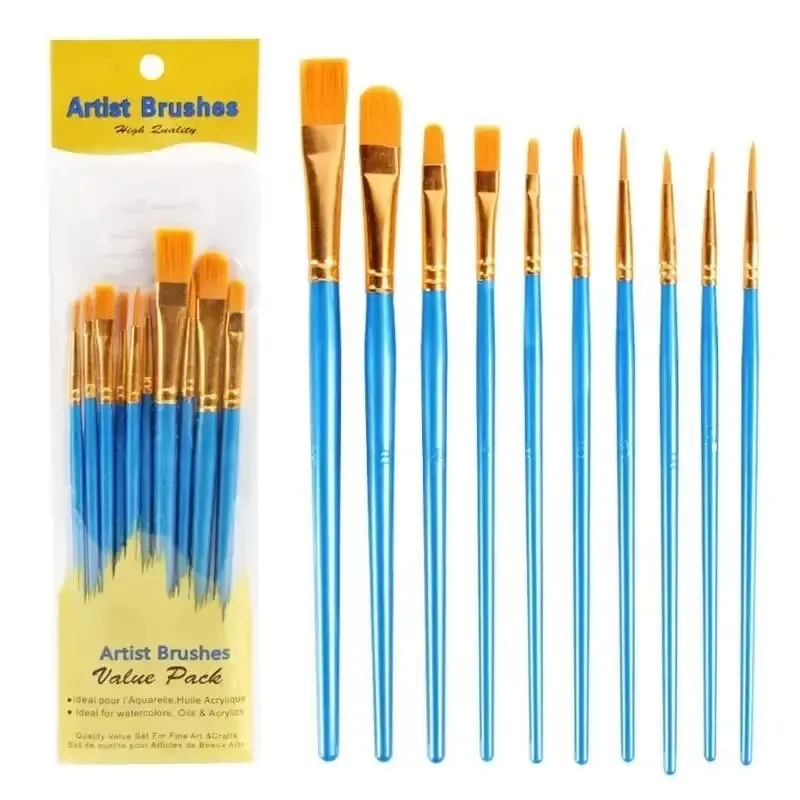 10 Piece Artist Brush Set Nylon Round Pointed Flat Head for Acrylic Oil Painting Watercolor - Multi-Purpose Painting Brushes