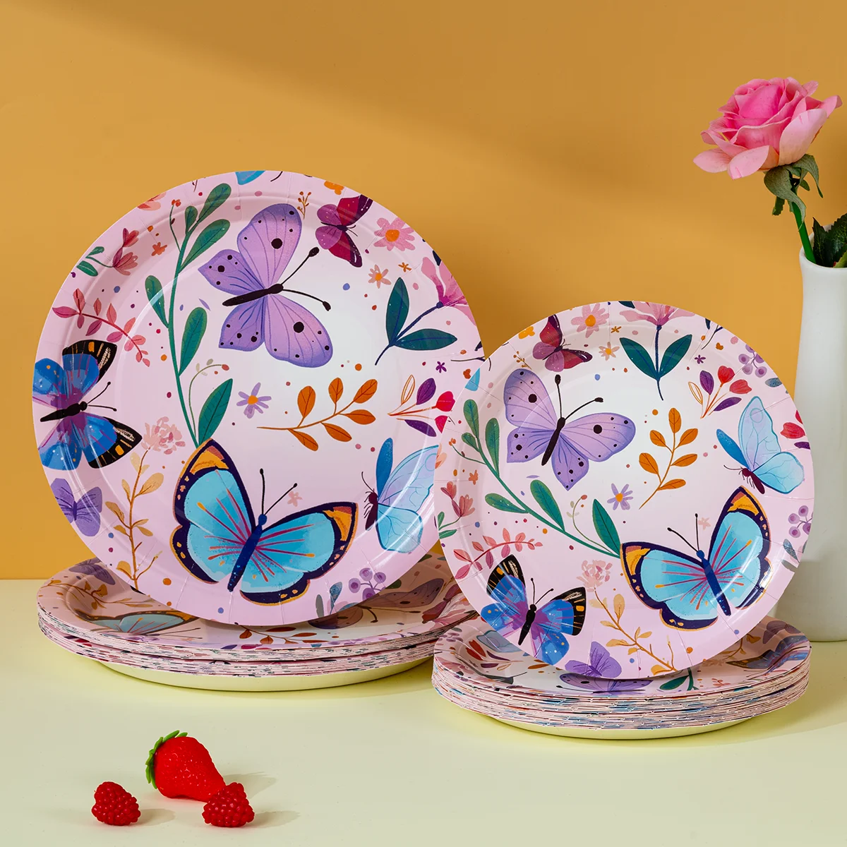 Platos de papel desechables con estampado de mariposas coloridas, platos redondos para decoración de fiesta de cumpleaños para niñas, 10/25/50 Uds.