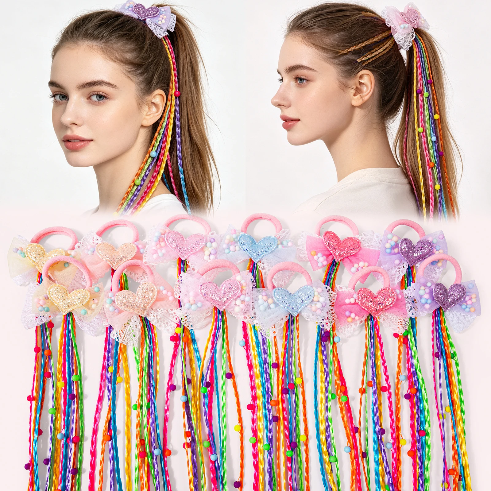 2pcs Rainbow Braided Hair Straps Sparkling Heart Shaped Lace Bow Ponytail with Beads Cute Wig Braided Hair Rope