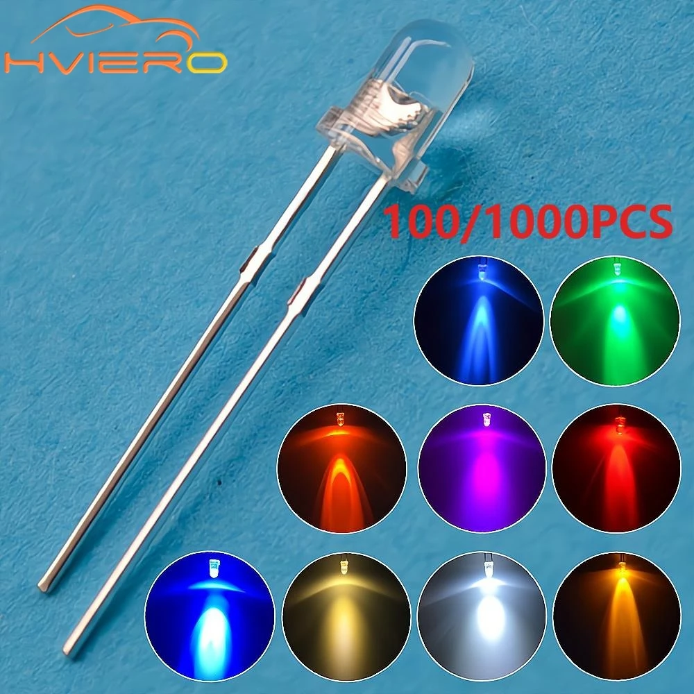 100/1000Pcs F3 3mm Round LED Assortment Kit Ultra Super Bright Light Emitting Diodes Bulb Lamp Red Green Blue Water Clear Diode