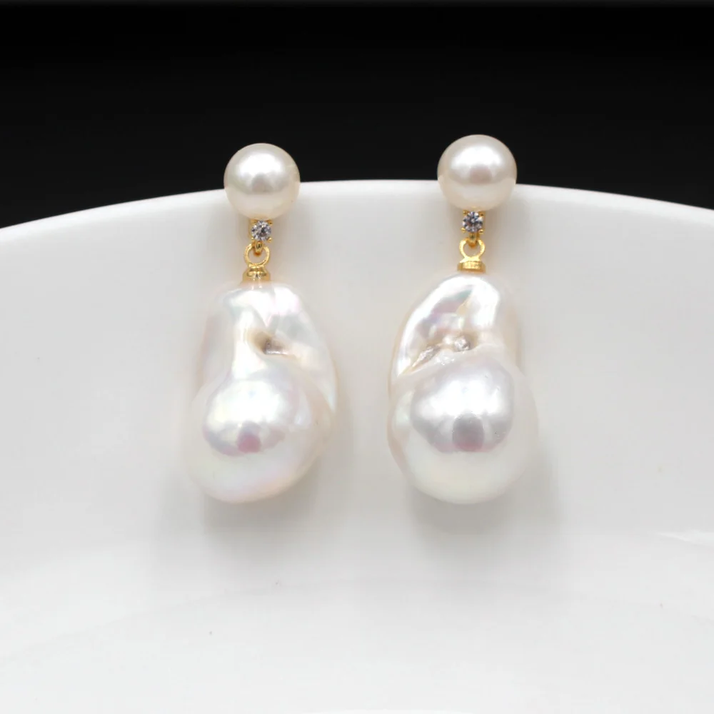 1pair CZ Cubic Zirconia Natural White Baroque Pearl Drops Earrings Post Women Bridal Ear Studs Wedding Party Gift Boho Jewelry
