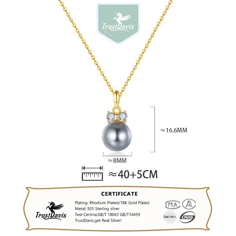 Trustdavis Real 925 Silver Fashion Simple Black and White Pearl Necklace for Women Daily Wear Jewelry Gift DS4737