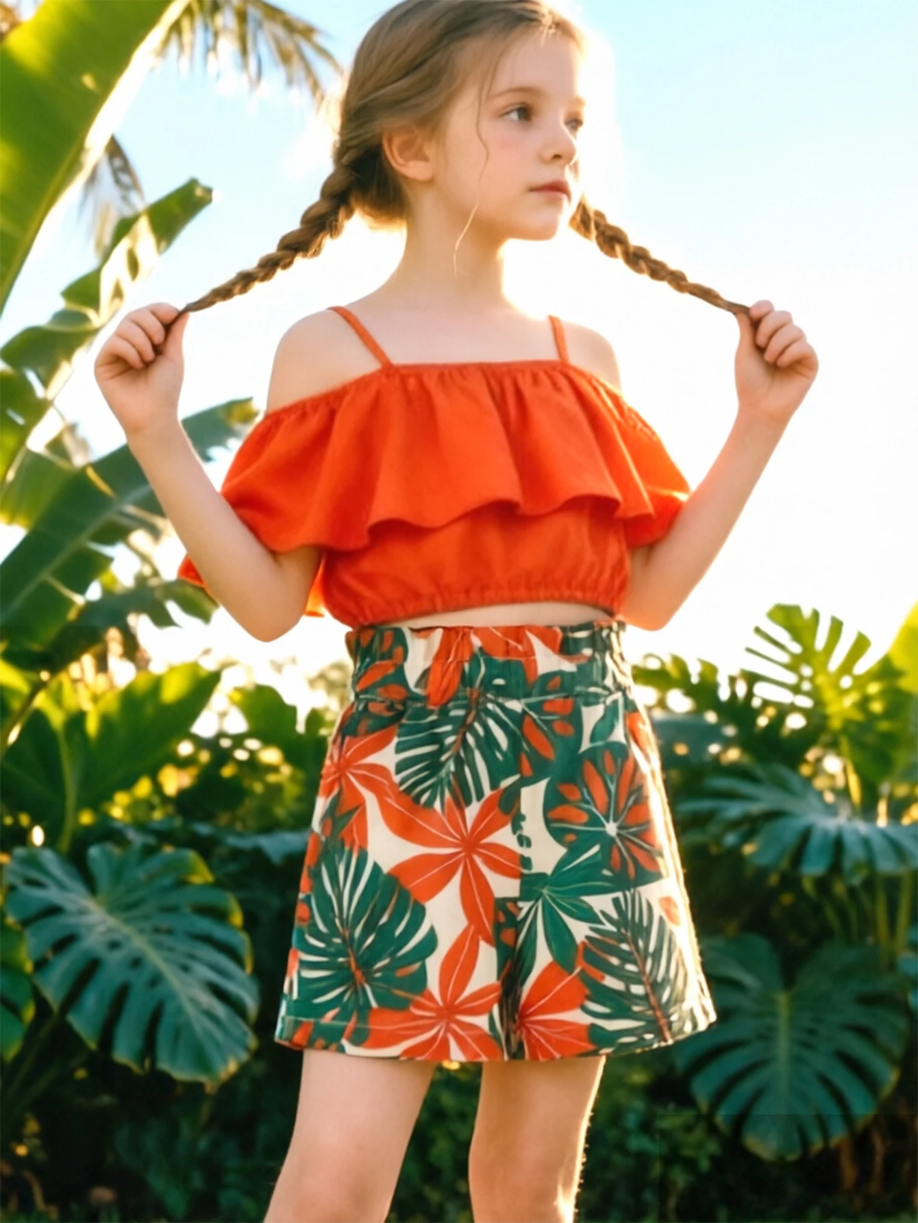 Girls 'Summer Holiday Style 2-Piece Set, Ruffled Suspender Top + Tropical Print Shorts, Children's Fashion Girl Clothing Sets