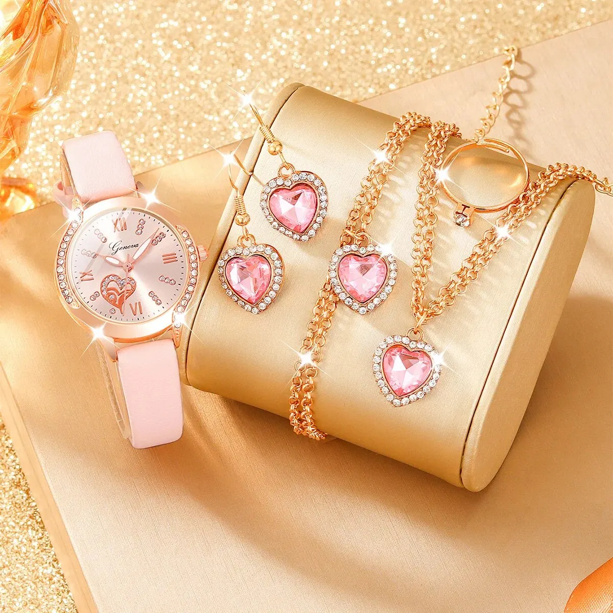 6Pcs Ladies Fashion Simple Designer Star Digital Rhinestone Leather Quartz Watch Full Of Diamond Powder Crystal Love Jewelry Set