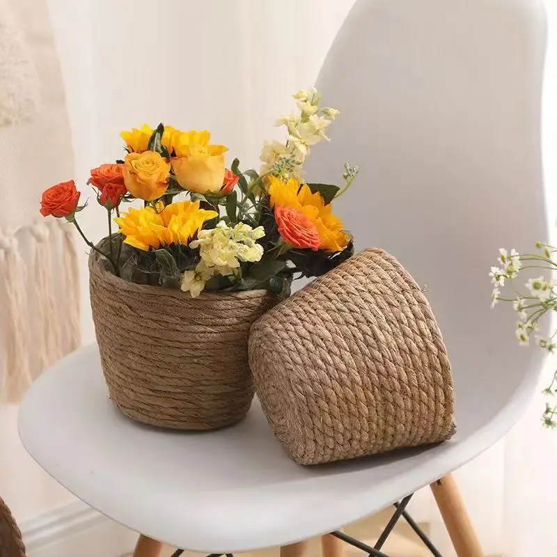 Nordic Style Bamboo Woven Flower Basket Living Room Balcony Decor Succulent Potted Plants Storage Pots Planting  Accessories