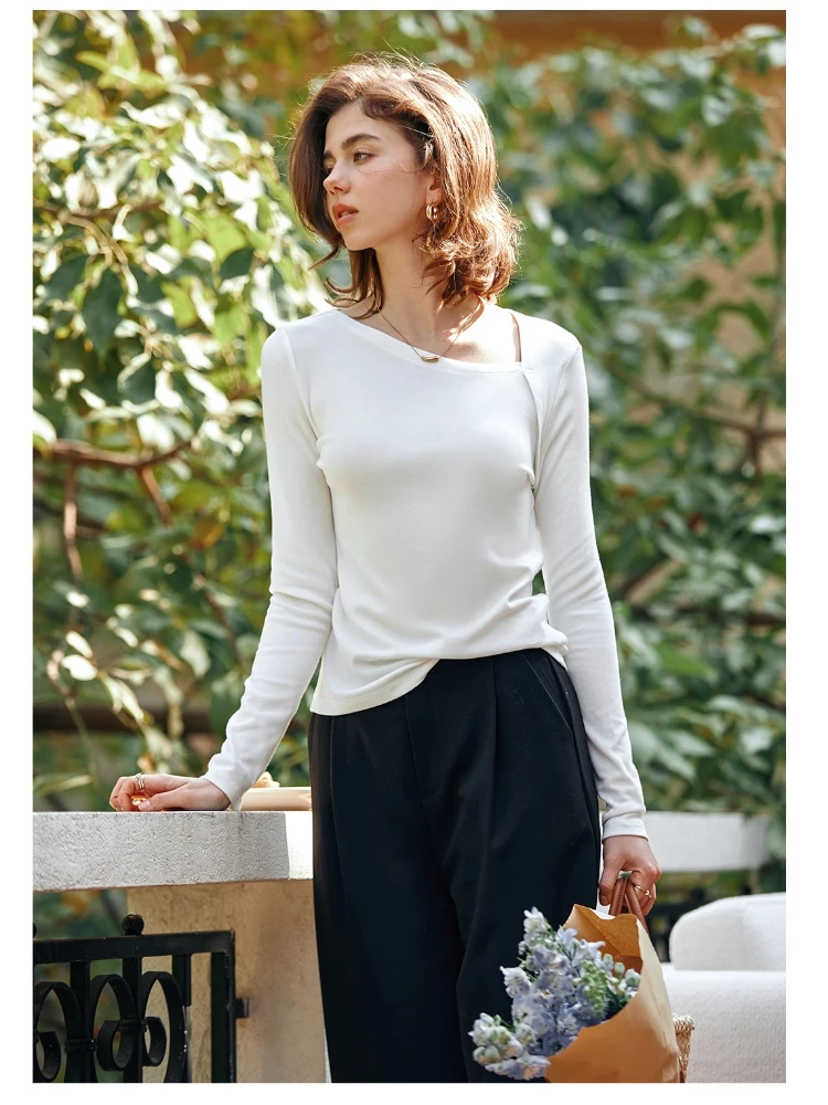 OLrain Women Elegant Tees 2025 New Autumn Solid Slim Fit Long-sleeved T-shirts Commute Asymmetrical Neck Female Tops O57QT95638