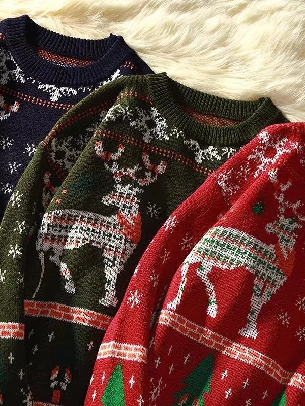 Suéter de Punto Hoado Estilo Navideño Fair Isle, ex, para Estudiantes y Parejas, Manga Larga, Cuello Redondo, Abrigo Cá...