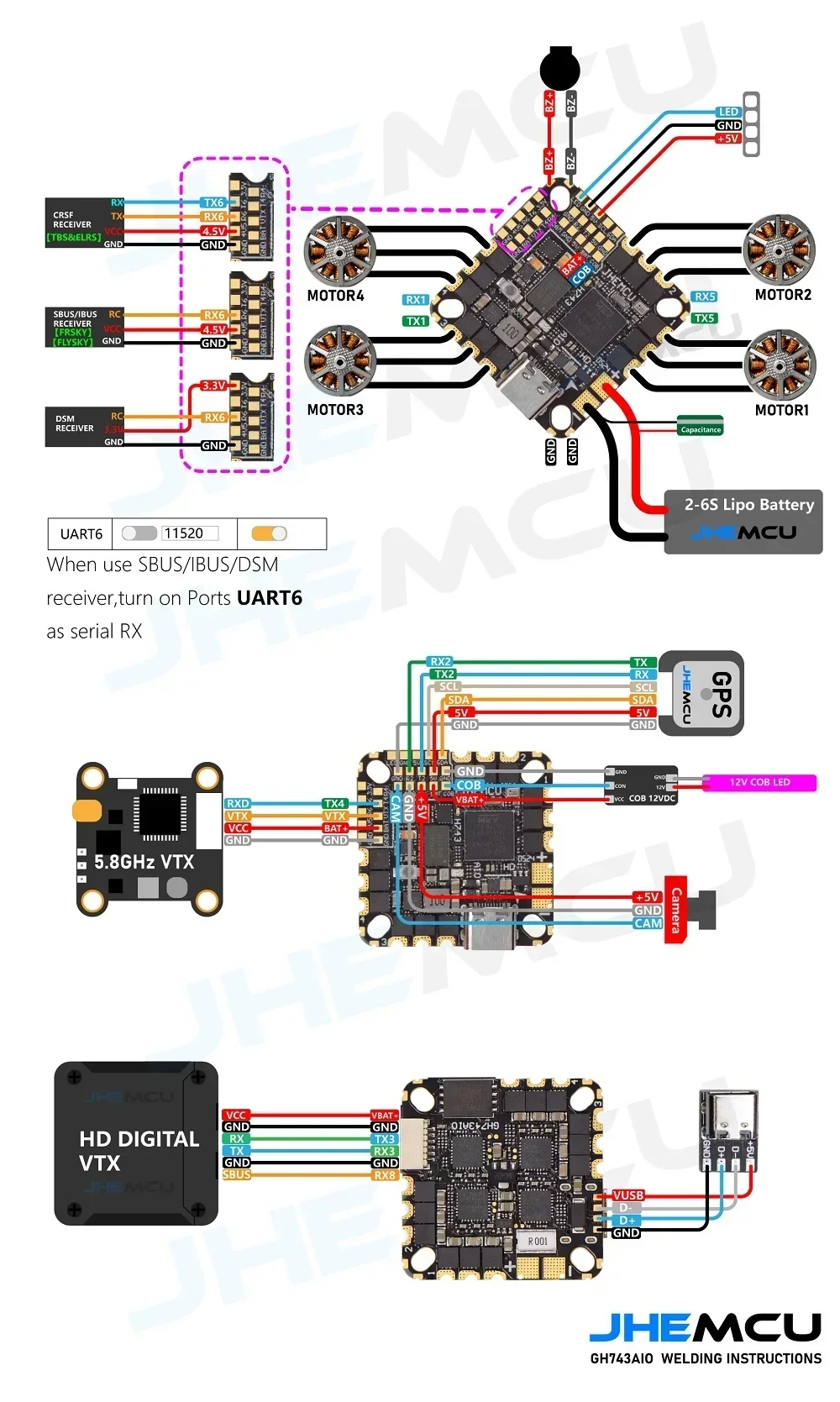 JHEMCU GH743AIO Integrated Flight Controller 40A 50A AM32 4in1 ESC 3-6S FPV Crossover Aircraft Drone Quadcopter