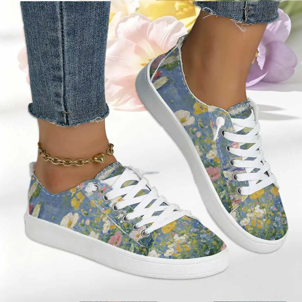 

Women's Monet Garden Wildflower Oil‑Painting Style Lace‑Up Canvas Shoes, Unique Literary Casual Sneakers