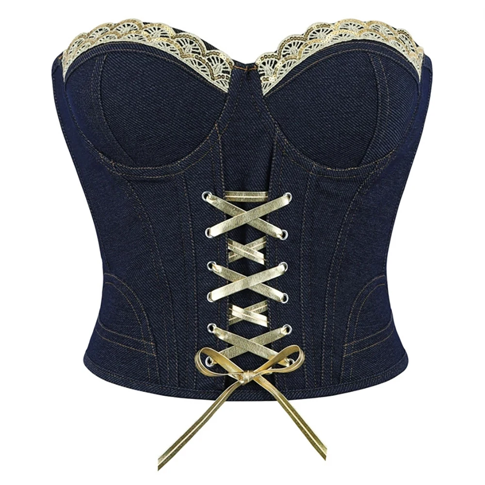 

New Strapless Corset Top Women Sexy Overbust Bustiers Blue Black Denim Steel Boned Push Up Bra Cincher Shaper Lingerie
