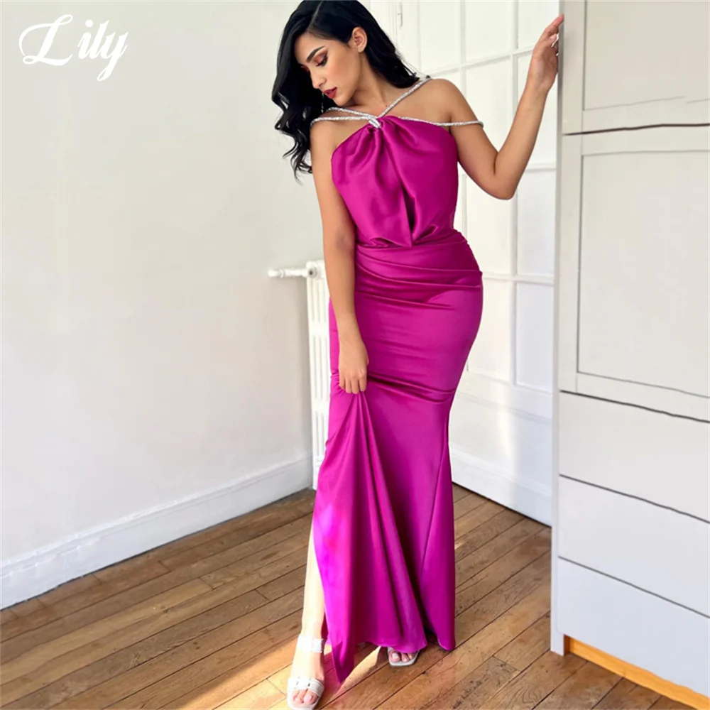 

Lily Halter Plus Size Evening Dresses Stain Pleat Mermaid Charming Prom Dresses Fuchsia Sleeveless Party Dress vestidos de noche