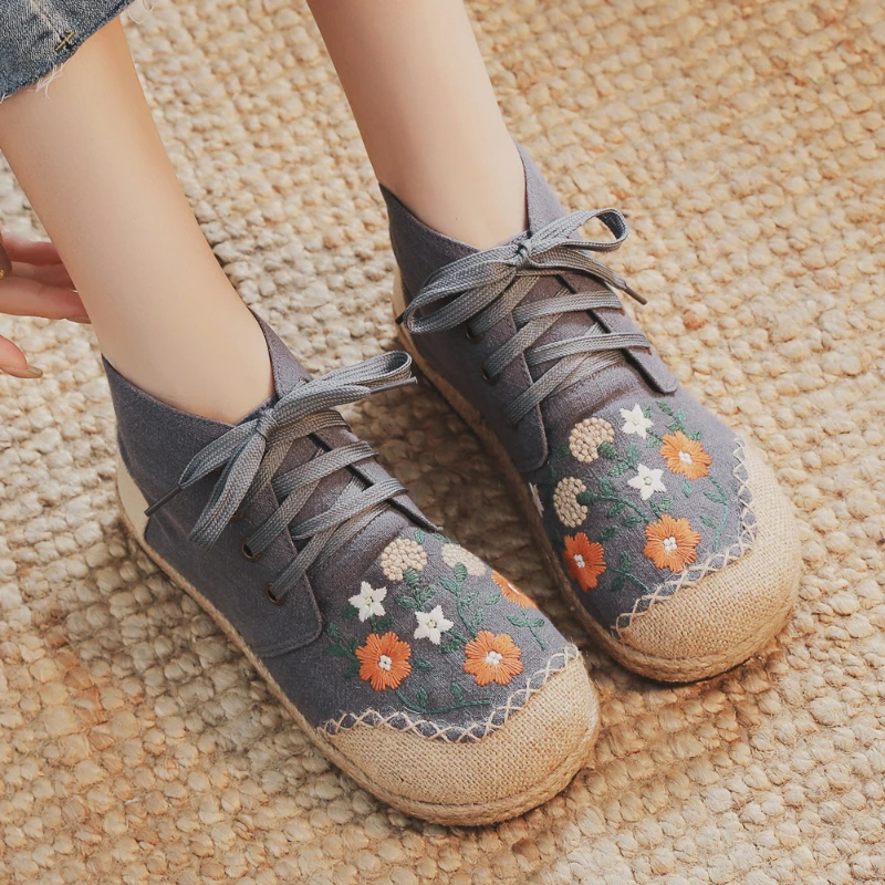 Casual Woman Shoes Round Toe Espadrilles Flats Embroidery Flower Lace-up High Top Trend Canvas Ladies Footwear Zapatillas Mujer