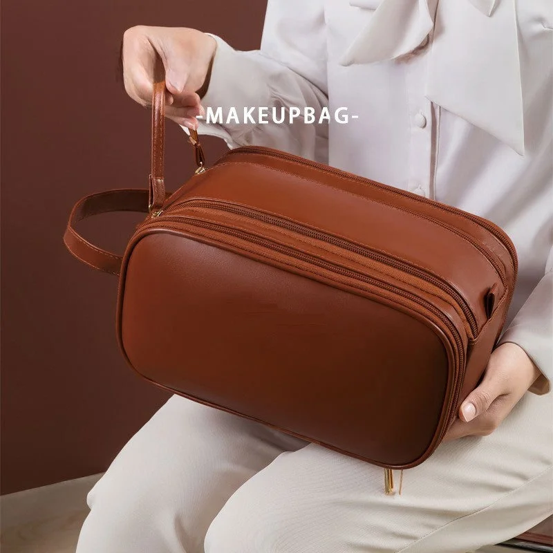 Multifunctional Makeup Bag For Women PU Leather Large Capacity Portable Double Zipper Travel Makeup Brush Toiletries Storage Bag
