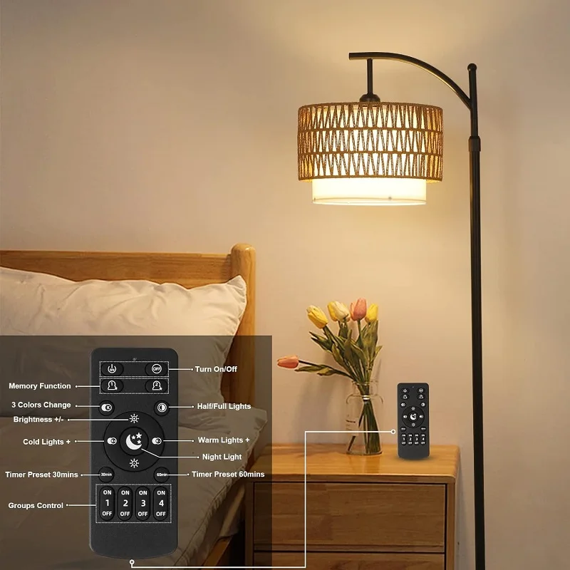 Living Room Floor Lamp with Remote Control and Dimmable LED Bulb 3-color Temperature Bohemian Vertical Lamp