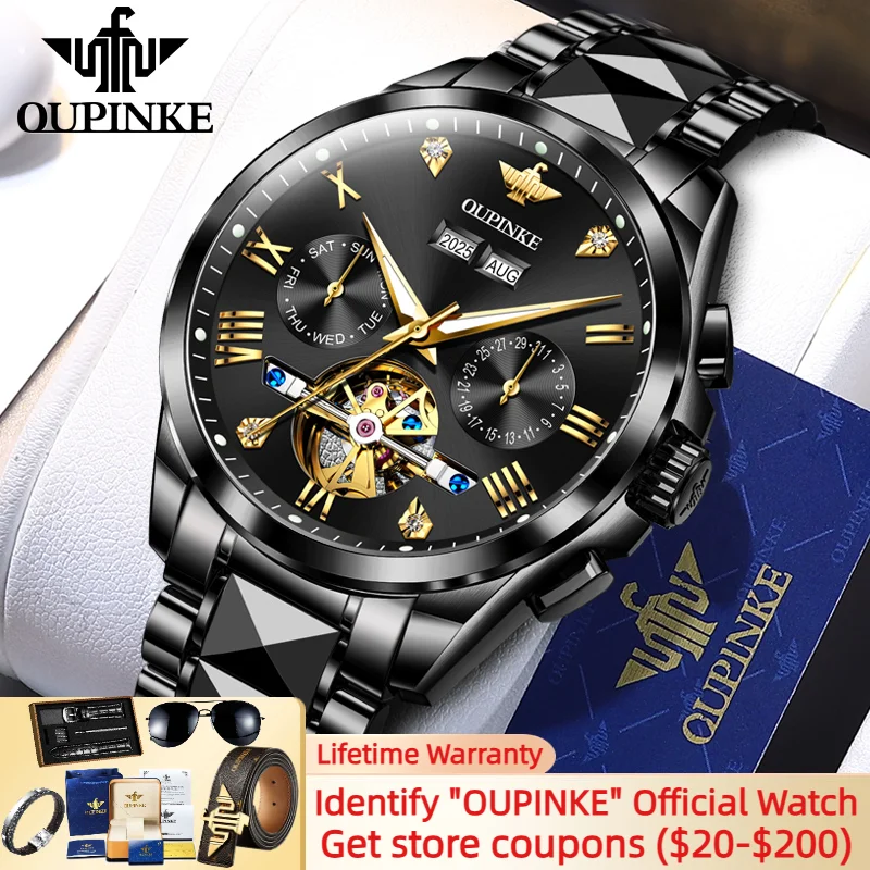

OUPINKE 3240 Black Tungsten steel Watch Man Classic Design Multifunctional Luxury Calendar 30M Waterproof Watches