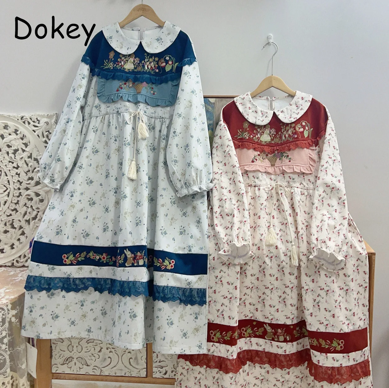 

Vintage Embroidery Mori Girl Flower Kawaii Dress Women Autumn Peter Pan Collar Thick Loose Dress Japanese Lolita Party Vestidos