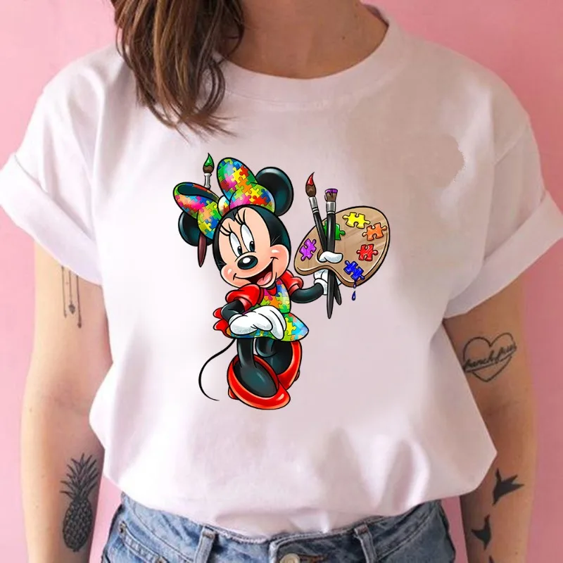 

Minnie Mouse Pooh Bear Short Sleeve Sweet Summer Women Print T Shirt Female Casual Top Tshirts Cartoon Marie Cat Tee T-Shirt