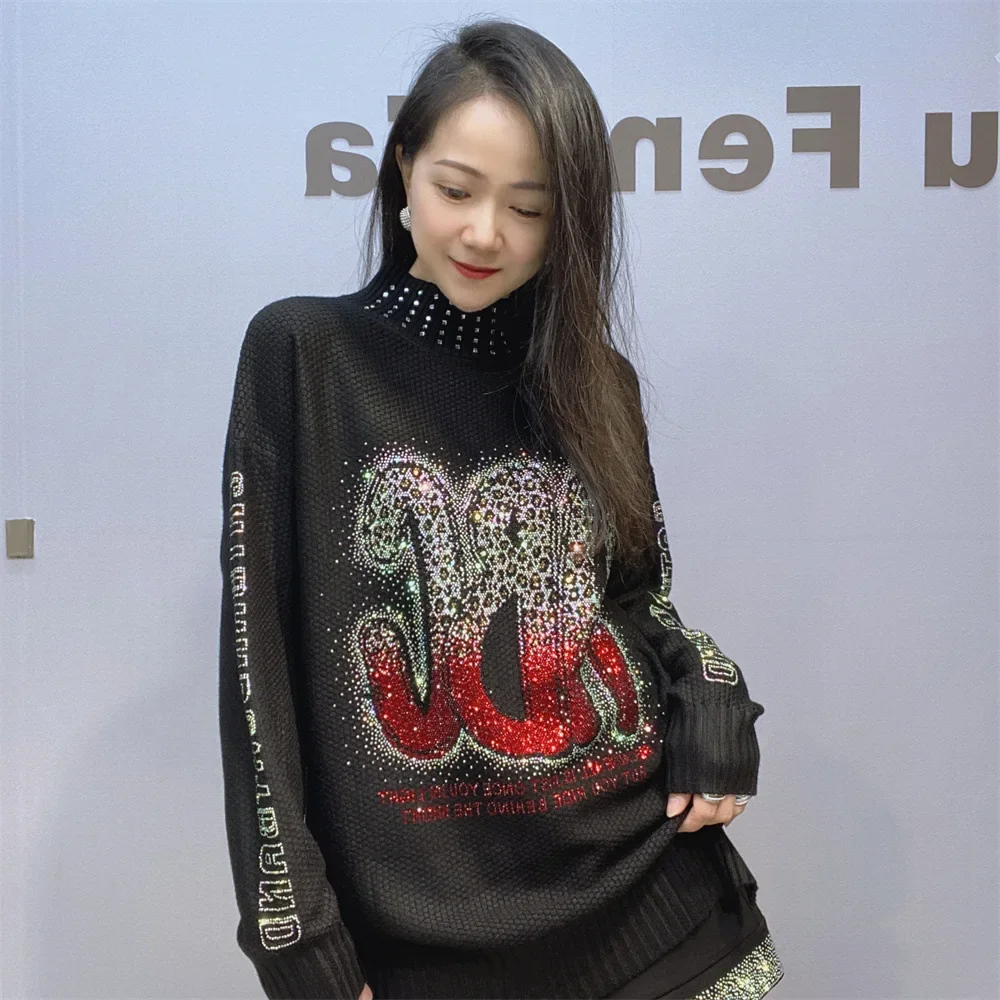 Semi-turtleneck Hot Diamond Shiny Black Knitted Sweater Women Winter Leopard Print Pullover Bottoming Shirt Top 2024 New