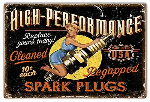 Metal Tin Sign High Preformance Spark Plugs Pin Up Girl Pub Outdoor Bar Retro Poster Home Kitchen Restaurant Wall Decor Signs