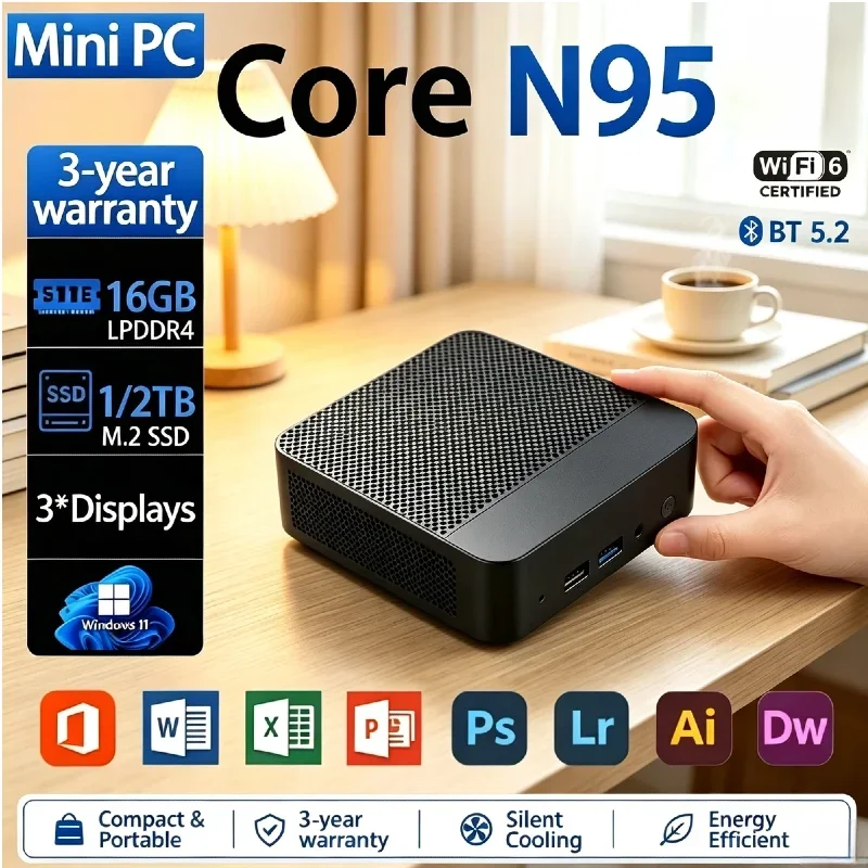 Mini PC Intel N150 Small Form Factor PC 16GB 512GB M.2 NVMe SSD 4C4T 3.6GHz Triple 4K UHD HDMI WiFi6 BT5.2 Silent Desktop