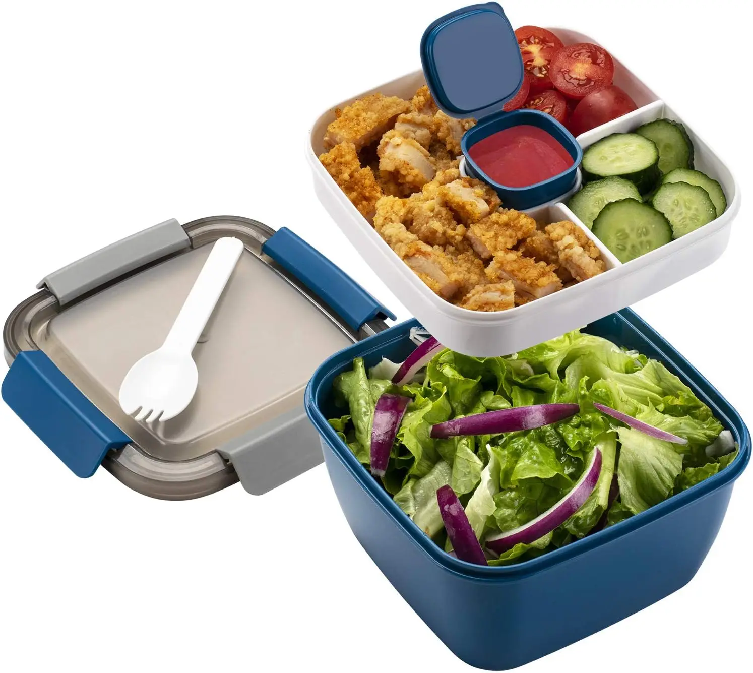 

52-oz Salad Container with 3 Compartments, Leak-proof Lunch Box for Work or Picnic, Blue