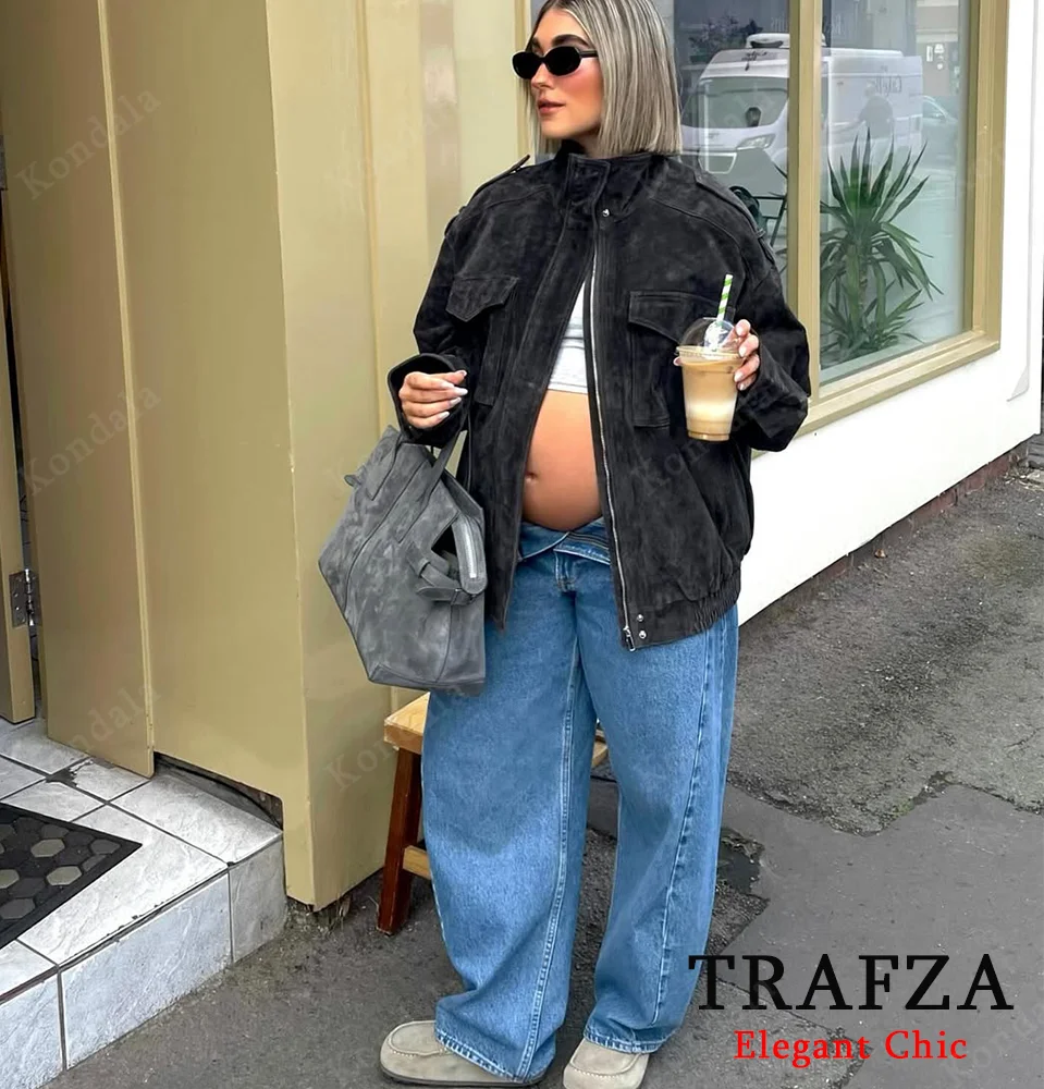 

TRAFZA Autumn Women Casual Suede Jacket Classic Black Grey Zipper Jacket Coat 2025 Fall Winter Fashion Female Street Outwear