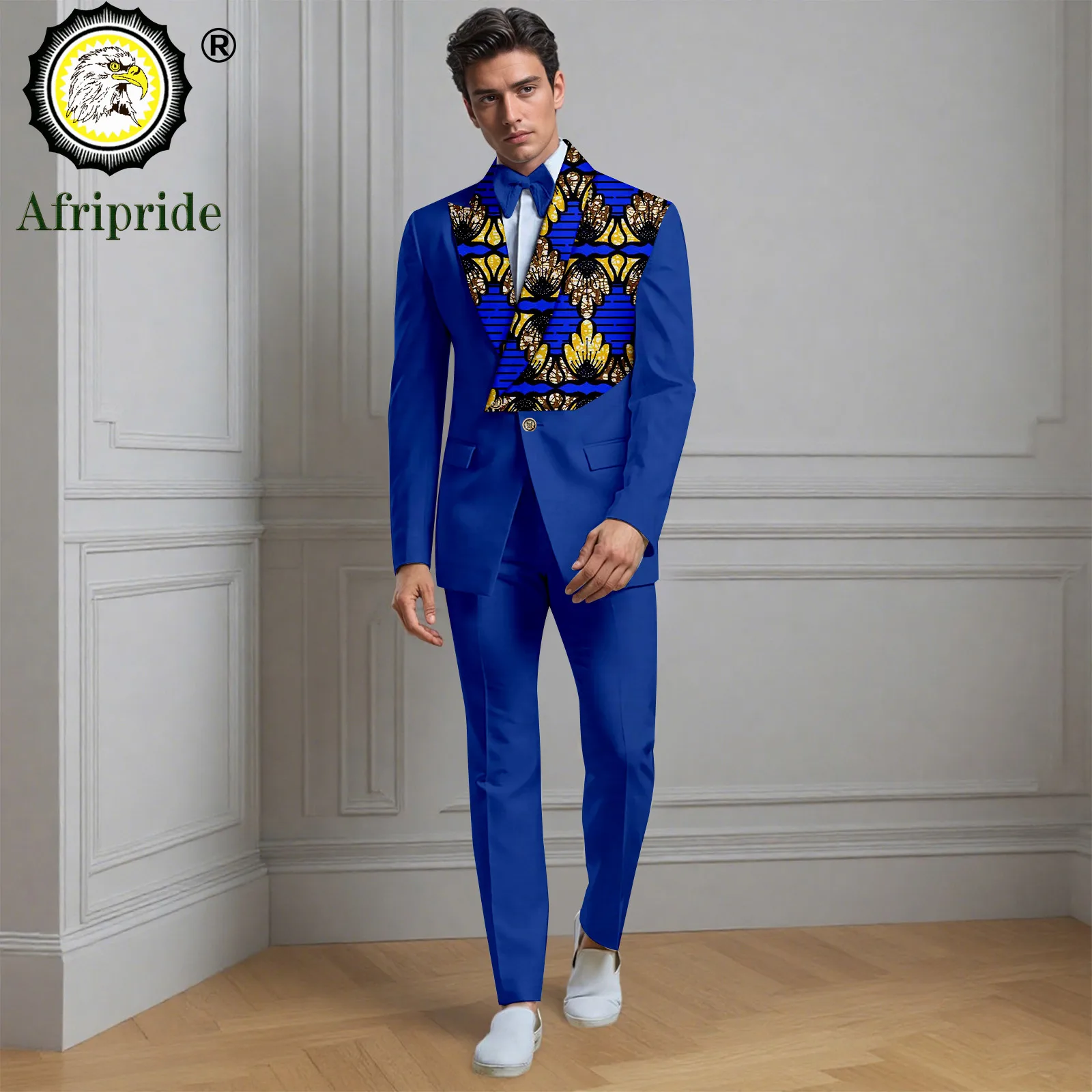 Men`s Business Suits Two Button Print Blazer with Bow Tie and Trousers 2 Piece Set Formal Clothes African Outfits 2516102