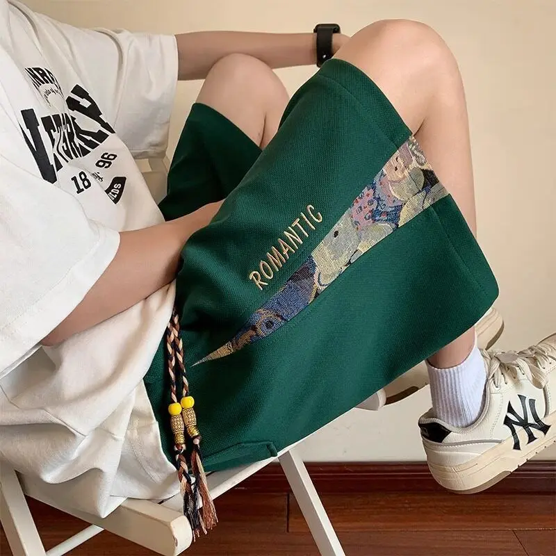 Loose Fit Men's Embroidered Shorts Summer Bear Patchwork Five-Quarter Length Casual Sporty Teenage Size plus Size Leisure Pants