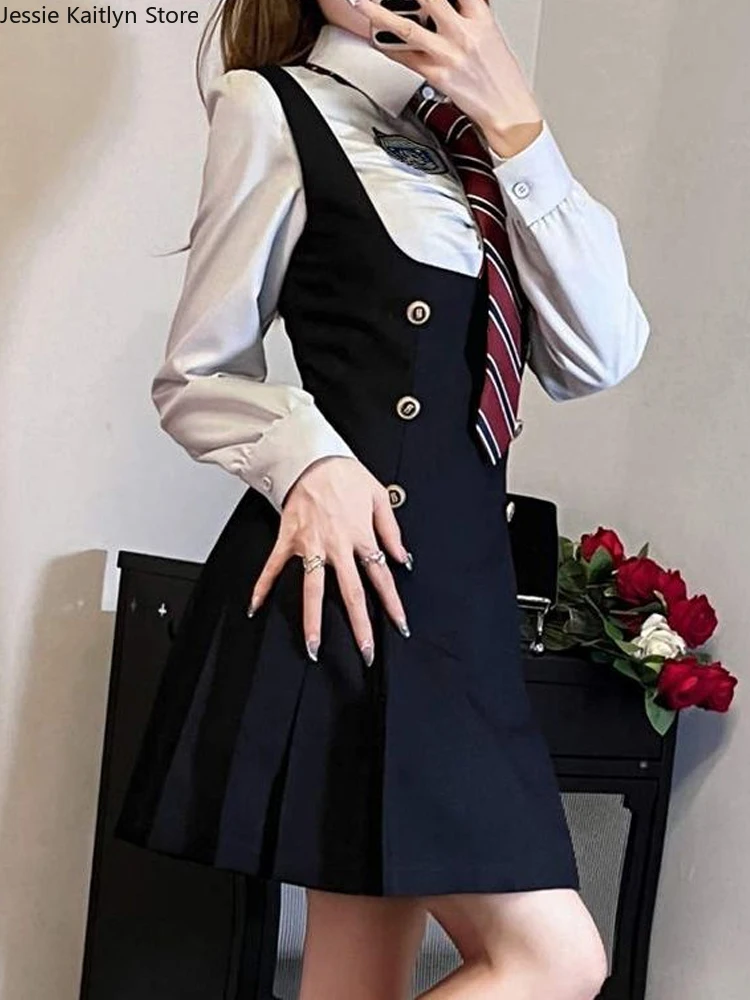 Japanese Fashion School Girl Uniform Women Korean Kawaii Cute College Student Jk Uniform Vintage Chic Shirt and Strap Dress Sets